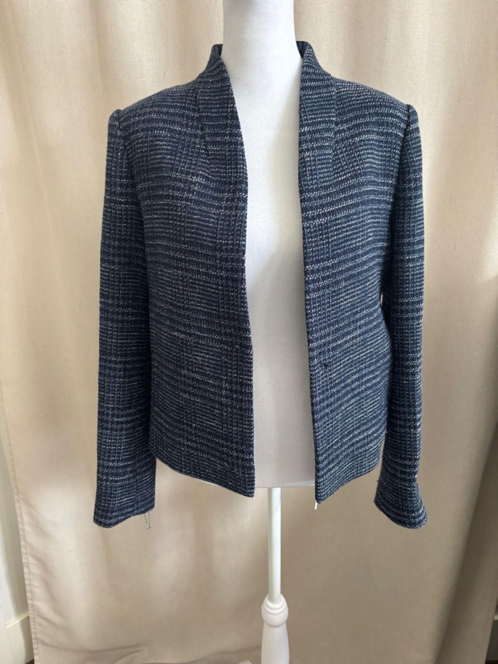 Club Monaco Structured Open-Front Navy Tweed Jacket - Women